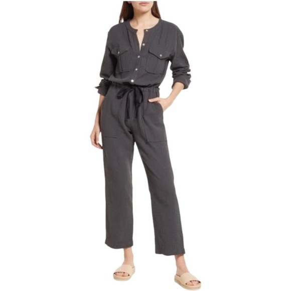 Faherty Dream Cotton Gauze Jumpsuit Women’s M Gray 100% Organic Cotton Waist Tie